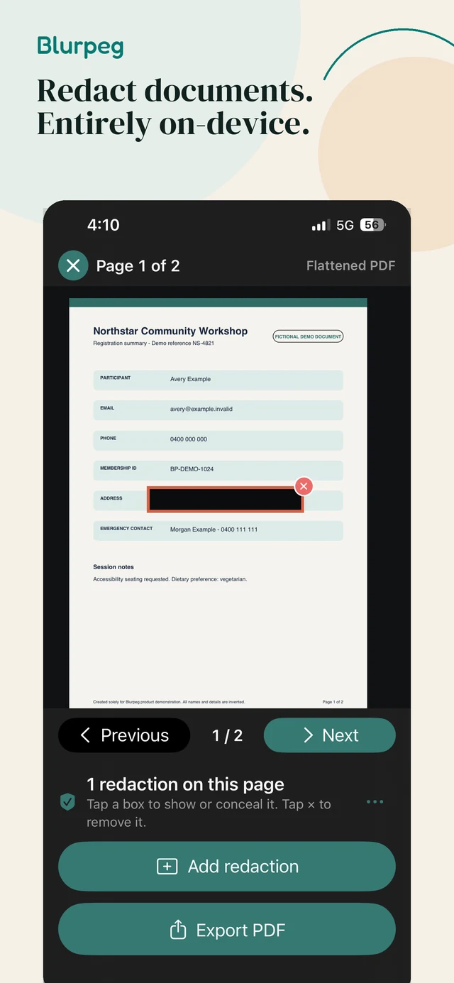 Blurpeg screenshot demonstrating manual redaction of a PDF