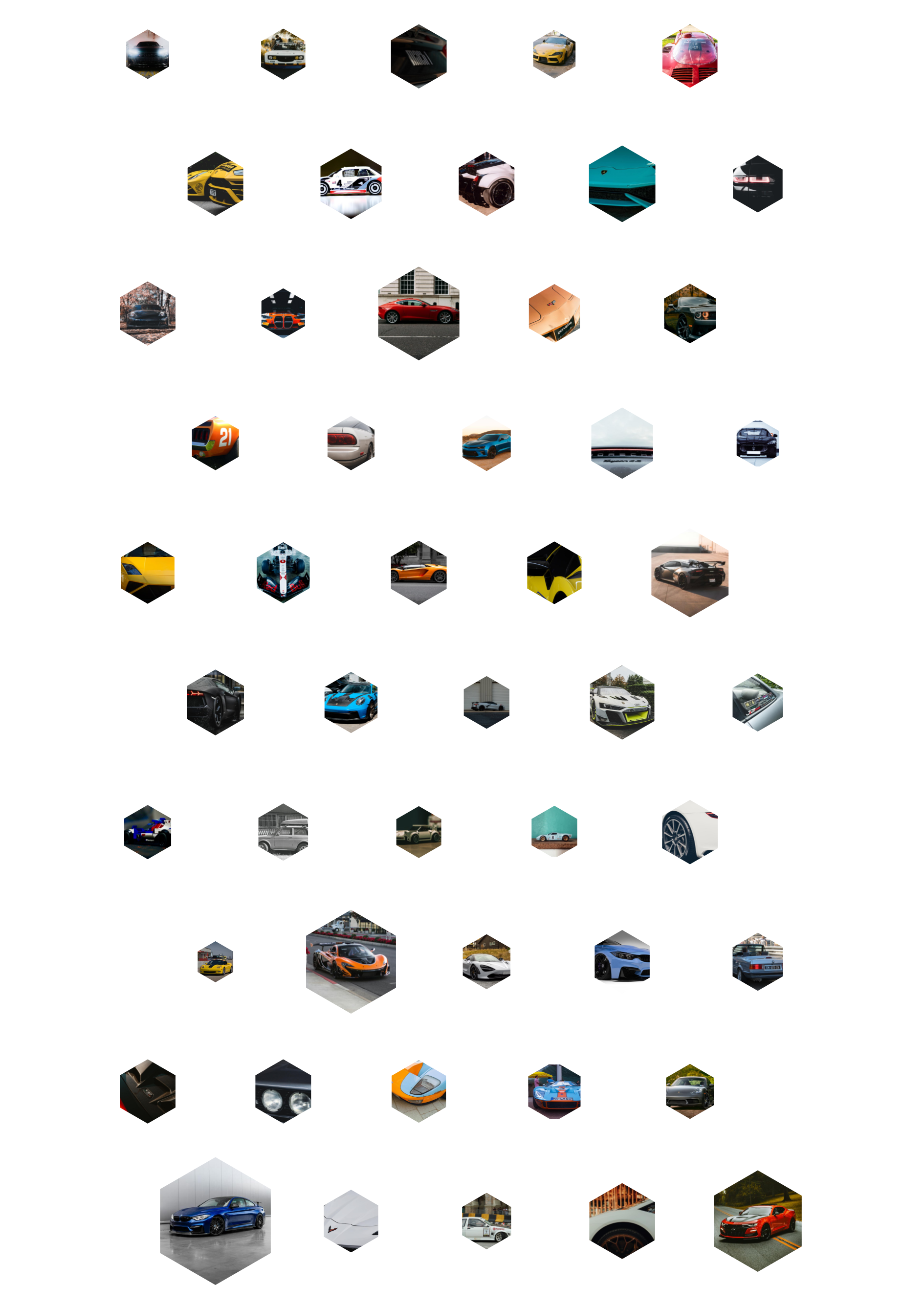 A collection of car photographs framed in hexagons by Stickerloom