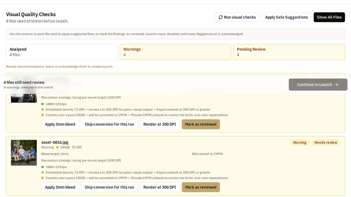 The Vallopress visual quality check: customer files flagged before launch, with bleed, resolution and colour findings and one-click fixes for each file